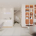 Modern Beauty Salon Interior With Reception Desk Sofa Bookshelves And Green Plants