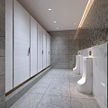 Modern Public Restroom With Gender Separated Sections Marble Sink Counter Mirrors Tiled Walls And Lighting