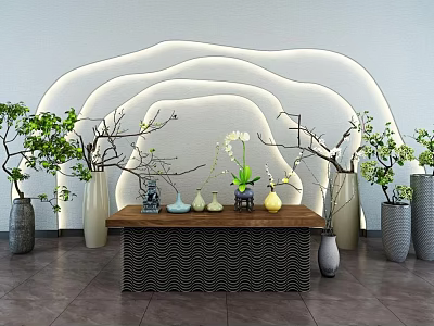 Modern Decorative Ornament Collection With Wooden Table Green Plants Vases And Wavy Light Background 3d model