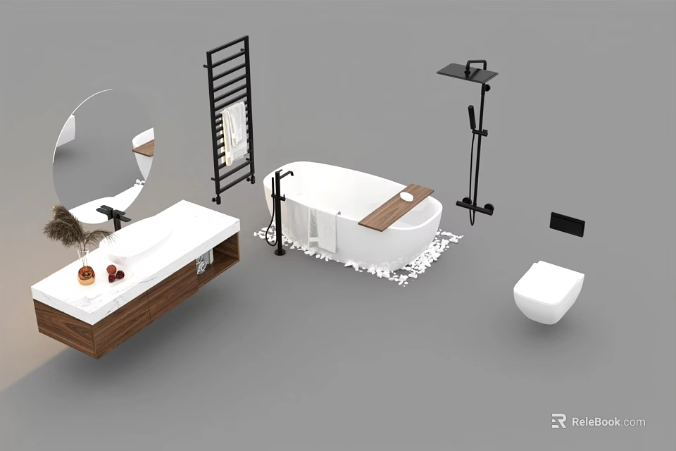 Bathroom Accessories Set Including Toilet Sink Vanity Bathtub Mirror And Towel Rack 3d model 