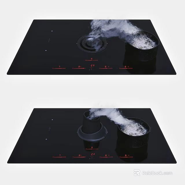 Modern Black Kitchen Cooktop With Control Knobs And Smoking Cooking Pot 3d model 