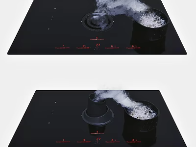 Modern Black Kitchen Cooktop With Control Knobs And Smoking Cooking Pot 3d model