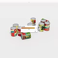 Colorful Canned Food Tins With Various Labels Arranged On White Background