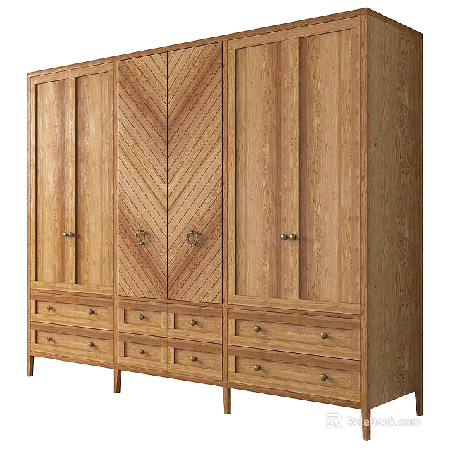 Modern Wooden Wardrobe With Chevron Pattern Doors And Drawers For Bedroom Storage 3d model 