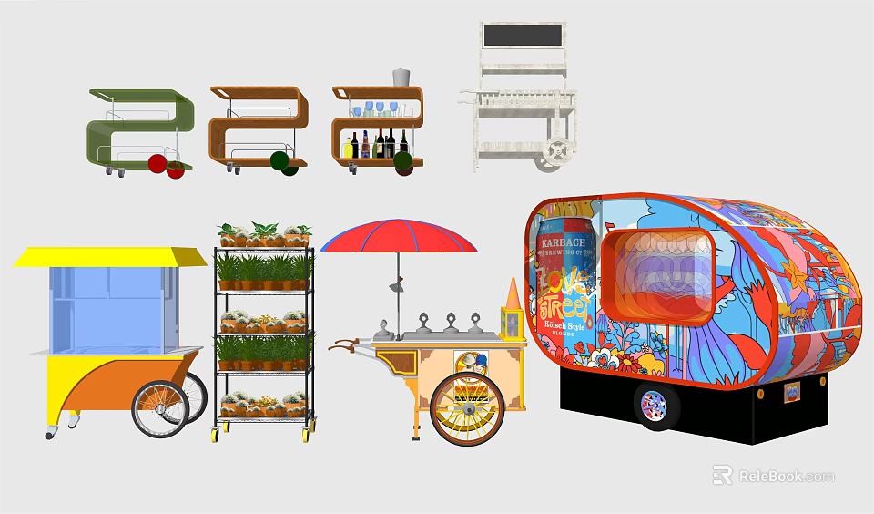 Variety Of Functional Mobile Vending And Food Carts 3d model 