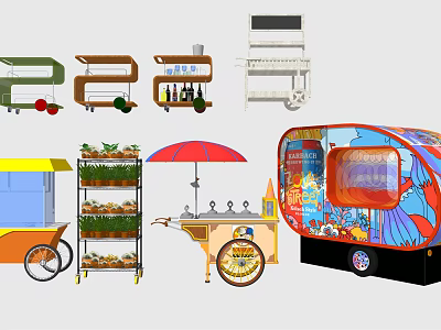 Variety Of Functional Mobile Vending And Food Carts 3d model