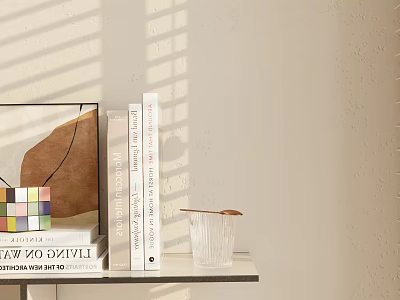 Decorative Ornament Combination with Books Colorful Cube Transparent Glass on Shelf Light Shadow Beige Wall 3d model