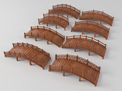 Multiple Wooden Arch Bridges With Decorative Railings And Curved Wooden Structures 3d model