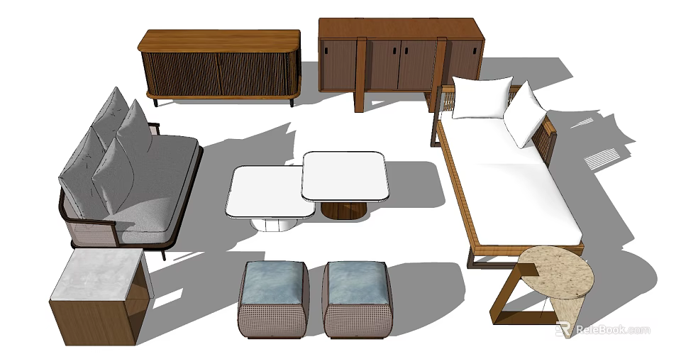 Modern Living Room Sofa Coffee Table Set With Cabinets Stools And Bench 3d model 