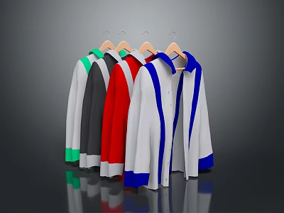 Various Colored Long Sleeve Shirts With Contrast Cuffs And Collars On Hangers 3d model