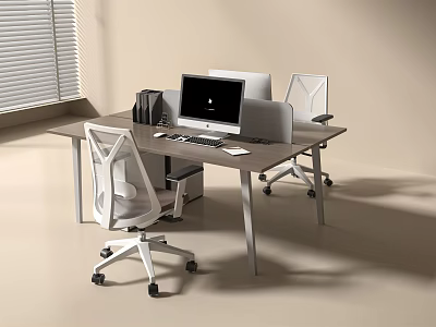 Modern Office Desk Setup With Computer Monitor Laptop And White Mesh Chairs 3d model
