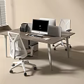 Modern Office Desk Setup With Computer Monitor Laptop And White Mesh Chairs