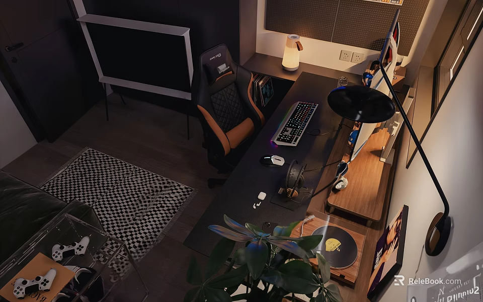 Modern Home Office Workspace With Ergonomic Chair Computer Desk Green Plant And Checkered Rug 3d model 