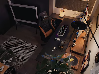 Modern Home Office Workspace With Ergonomic Chair Computer Desk Green Plant And Checkered Rug 3d model