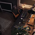 Modern Home Office Workspace With Ergonomic Chair Computer Desk Green Plant And Checkered Rug