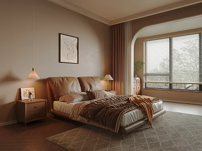 Cozy Bedroom Interior With Large Bed Beige Walls Framed Art Bedside Lamps And Wooden Floor 3d model