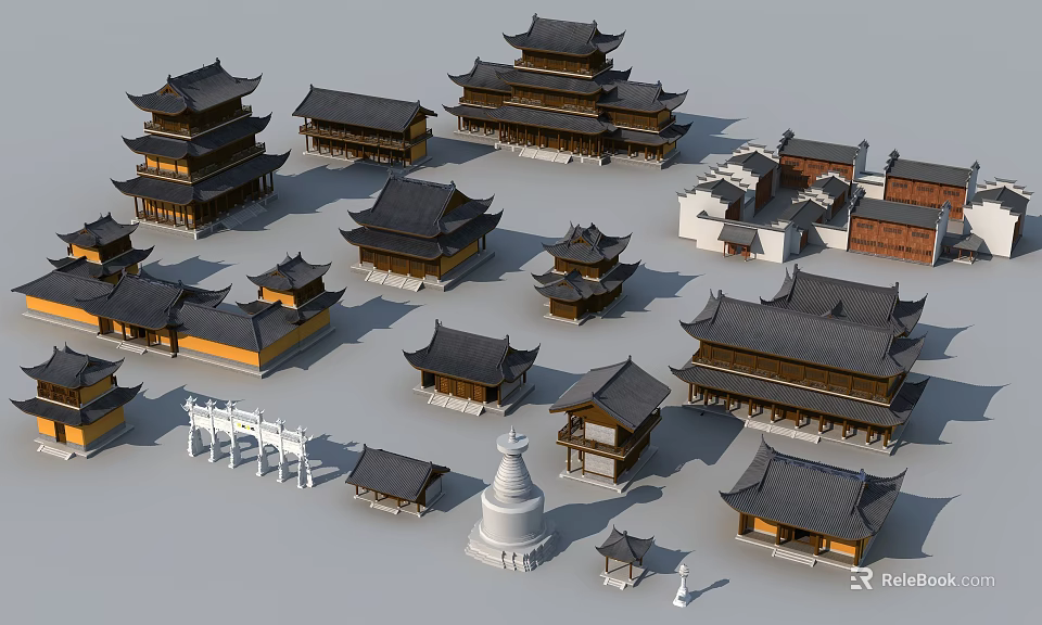 Ancient Chinese Architecture Display with Various Traditional Roofs Towers Pavilions Archway and Pagoda 3d model 
