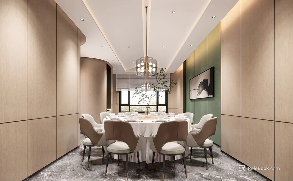 Modern Private Dining Room Interior With Round Table Chandelier White Tablecloth And Chairs 3d model