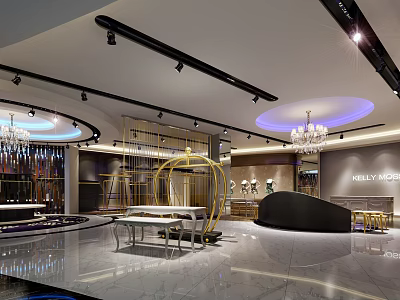 Modern Clothing Store Interior With Chandelier Golden Decor Marble Floor Display Racks And Black Counter 3d model