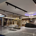 Modern Clothing Store Interior With Chandelier Golden Decor Marble Floor Display Racks And Black Counter
