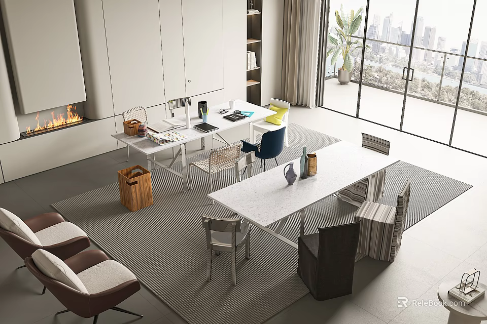 Modern Dining Table Set With Chairs Sofa Fireplace Rug And City View Windows 3d model