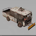 Rusty Old Utility Truck With Circular Roof Structure And Front Yellow Black Plow Blade