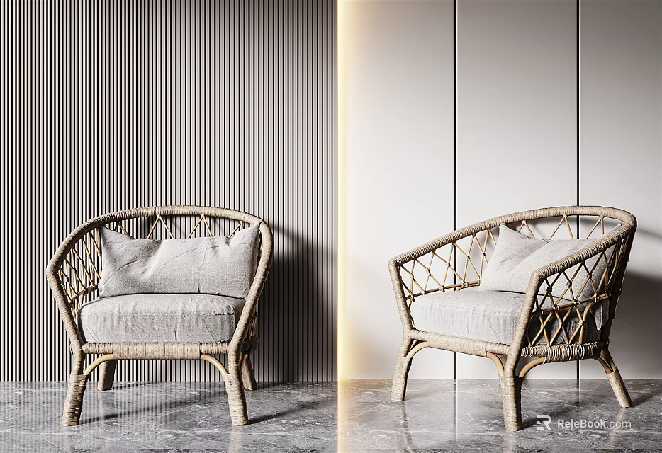 Stylish Rattan Single Chair With Light Gray Cushion And Modern Vertical Stripe Wall 3d model 