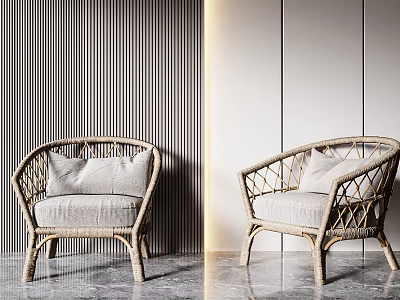 Stylish Rattan Single Chair With Light Gray Cushion And Modern Vertical Stripe Wall 3d model