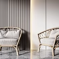 Stylish Rattan Single Chair With Light Gray Cushion And Modern Vertical Stripe Wall