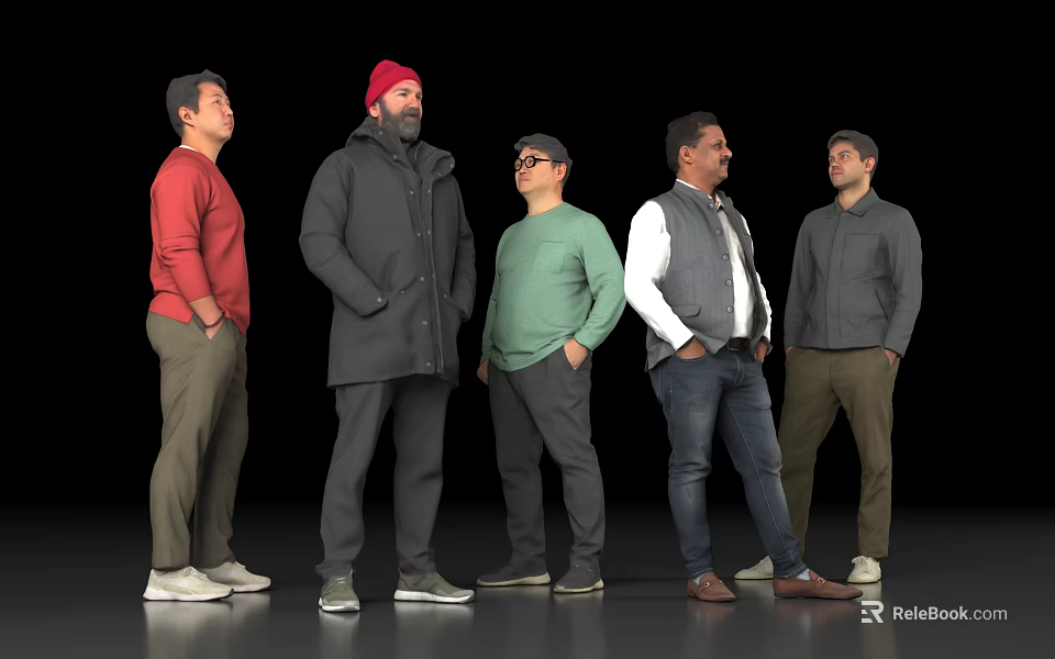 Five Men Standing Together In Different Casual Outfits On Black Background 3d model 