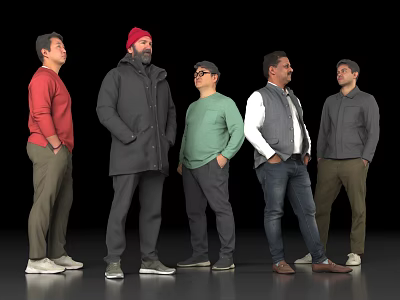 Five Men Standing Together In Different Casual Outfits On Black Background 3d model
