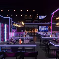 Modern Bar Interior Design With Neon Lights Counter Tables Chairs And Wine Racks