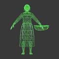 Elderly Woman in Traditional Clothing with Headscarf and Apron Holding Wooden Basin