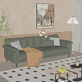 Green Leather Two Seater Sofa With Pillows Throw Blanket Potted Plant Floor Lamp And Wall Painting