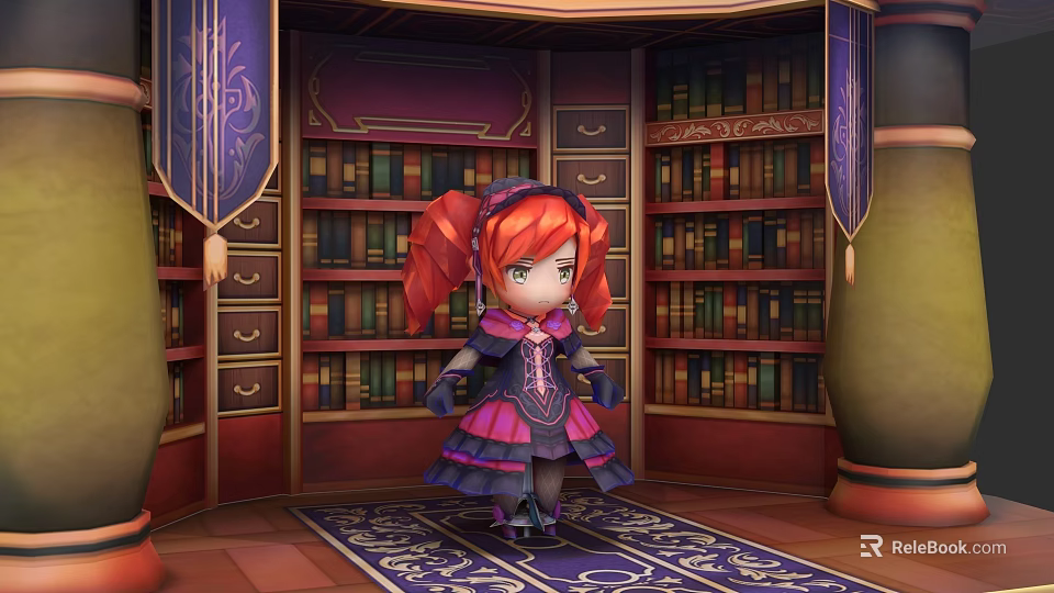 Game Character Red Hair Pigtails Purple Pink Dress In Ornate Room With Bookshelves And Books 3d model 