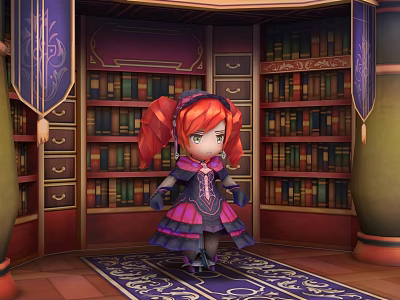 Game Character Red Hair Pigtails Purple Pink Dress In Ornate Room With Bookshelves And Books 3d model