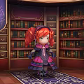 Game Character Red Hair Pigtails Purple Pink Dress In Ornate Room With Bookshelves And Books