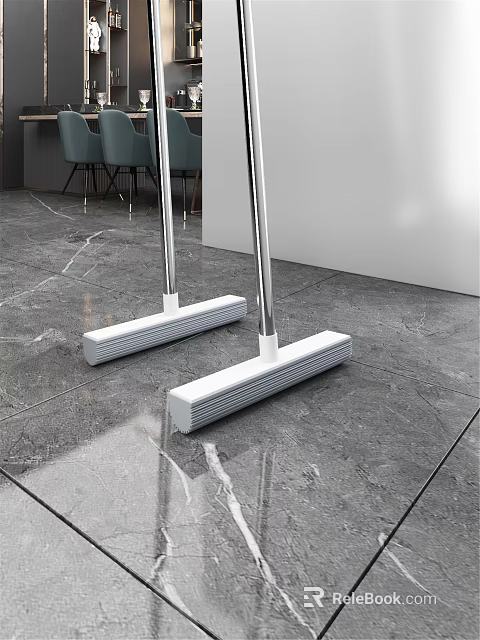 Modern Household Cleaning Mops With Silver Handles And White Heads On Marble Floor 3d model 