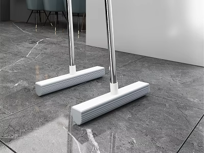 Modern Household Cleaning Mops With Silver Handles And White Heads On Marble Floor 3d model