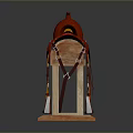 Red And Orange Saddle Resting On Wooden Stand For Daily Household Use
