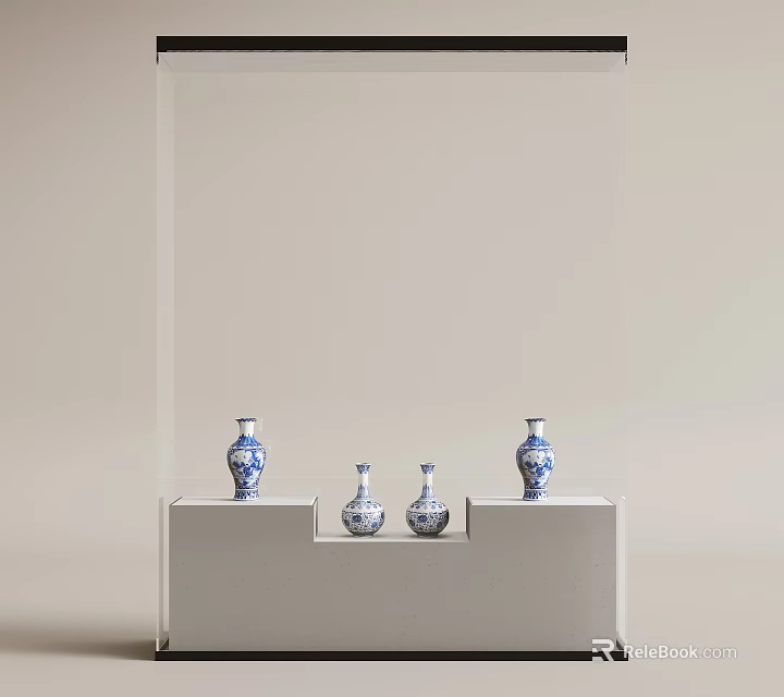 Transparent Display Cabinet Shelves Neatly Holding Blue and White Vases on White Base 3d model 