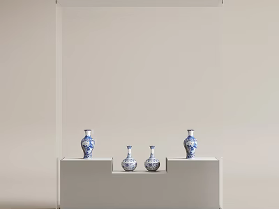 Transparent Display Cabinet Shelves Neatly Holding Blue and White Vases on White Base 3d model