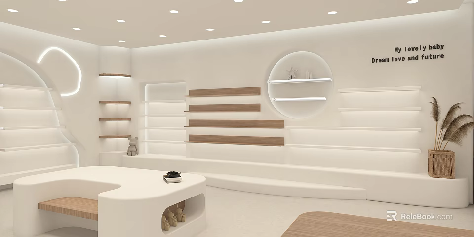 Elegant Modern Clothing Store Interior With White Display Racks Wooden Elements And Round Decor 3d model 