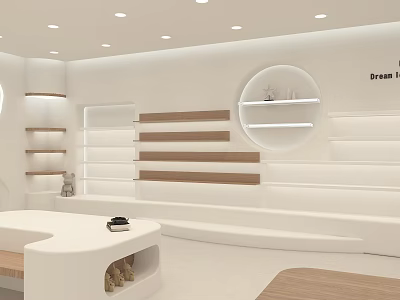 Elegant Modern Clothing Store Interior With White Display Racks Wooden Elements And Round Decor 3d model