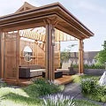Tranquil Roof Garden Design With Lush Greenery Wooden Pavilion And Stone Pathways
