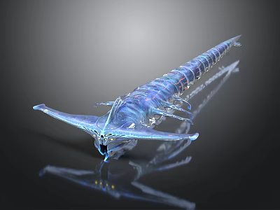 Transparent Shrimp Like Creature With Elongated Body And Iridescent Glow On Dark Background With Reflection 3d model