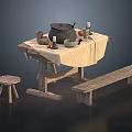 Rustic Wooden Table With Beige Tablecloth Black Pot Clay Jars Candles Fruits Bowl Stool Bench