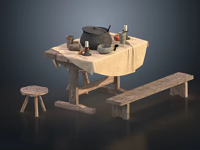 Rustic Wooden Table With Beige Tablecloth Black Pot Clay Jars Candles Fruits Bowl Stool Bench 3d model