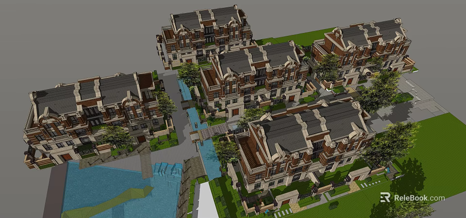 Modern Twin Villa Exterior Design With Landscaped Gardens And Water Features 3d model 