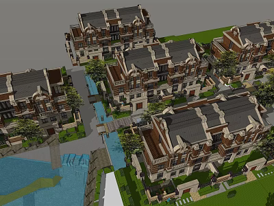 Modern Twin Villa Exterior Design With Landscaped Gardens And Water Features 3d model